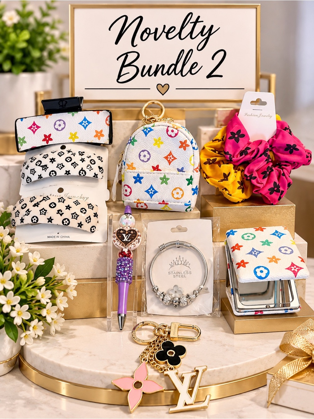 9 Piece Colorful Patterned Women’s Accessory Set - White Multicolor